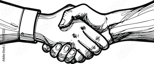 continuous line drawing of two hands shaking, black outline, white background, agreement concept