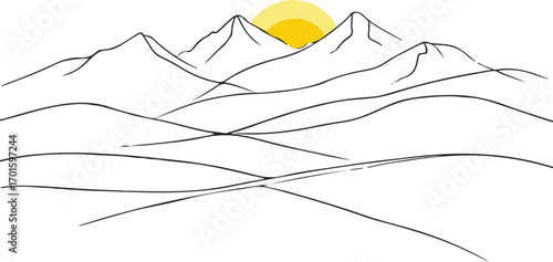 minimal landscape line art of sunrise over mountains, thin black lines, white background, fresh morning vibe