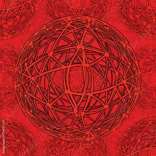 Abstract red spheres illustration with interconnected lines and dot elements against a red background, seamless pattern, Stock royalty free image.