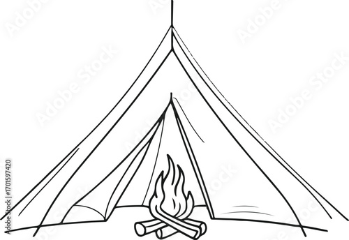 minimal line art of camping tent with small fire, black outline, white background, outdoor adventure concept