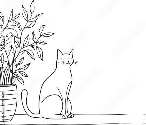 minimal line art of cat sitting beside indoor plant, black stroke, white background, home cozy scene 1