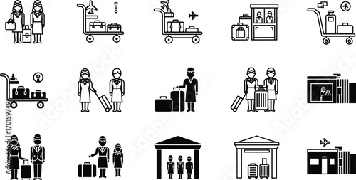 PrintVector illustration set of airport security, customs control, passengers with luggage, airline staff, baggage check, flight travel and tourism