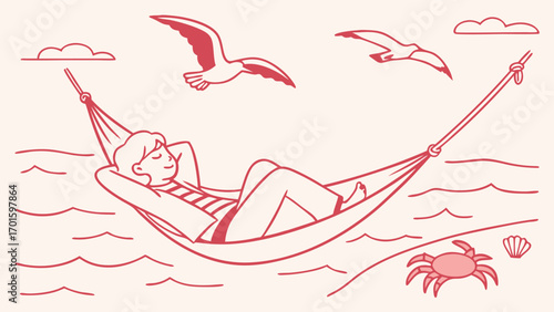 A person relaxing in a hammock by the sea with seagulls flying overhead and a crab on the shore, evoking a sense of peaceful summer vacation