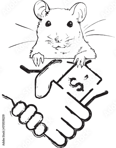 Greedy rat stealing money from handshake deal sketch satire wealth finance corruption risk cartoon