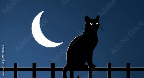 A sleek black cat sits on a fence under a glowing crescent moon on a dark night, creating a Halloween or spooky themed illustration