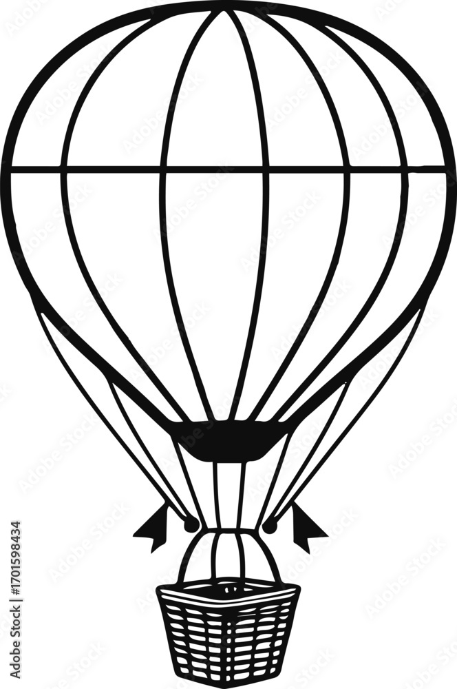 Obraz premium simple line art of hot air balloon with small basket, black stroke, white background, adventure travel style