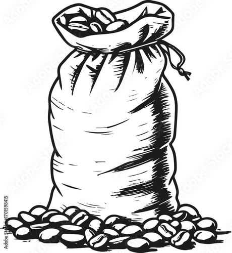 simple line art of coffee bean sack with few beans outside, black outline, white background, cafe theme