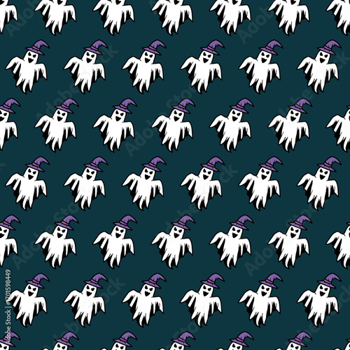 Scary Ghost with Witch Hat Dark Halloween Pattern. Spooky Halloween seamless pattern, perfect for Halloween wrapping paper, October party supplies, kids fabric, and seasonal decorations.