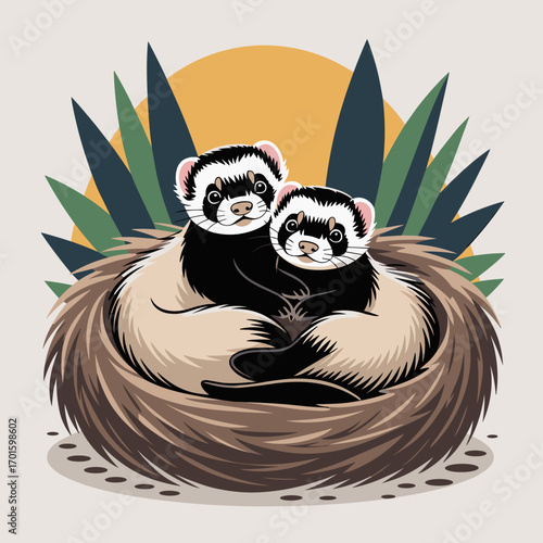 Two Cartoon Ferrets Sleeping Together in Nest
