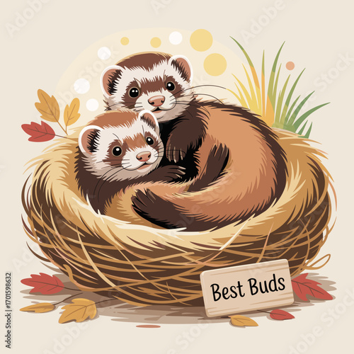 Two Cartoon Ferrets Sleeping Together in Nest