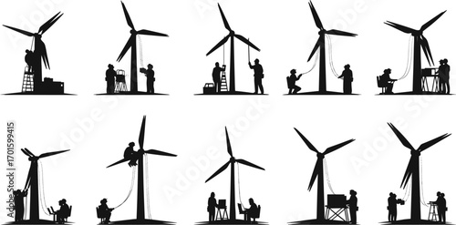 Vector illustration of wind turbine maintenance workers repairing blades, checking systems, fixing cables, renewable energy service, and clean power technology.