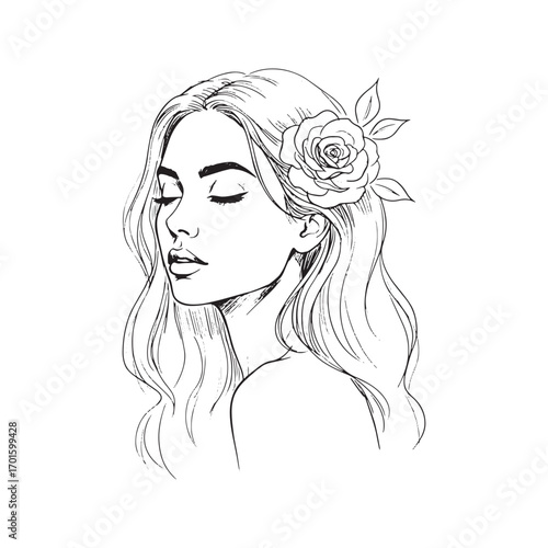Elegant line art portrait of a woman with a flower in her hair. Hand-drawn fashion sketch, minimalist abstract beauty logo for salon or spa.
