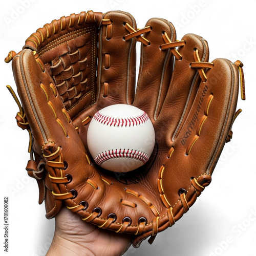 Close up of a baseball resting in a leather baseball glove held by a hand isolated on transparent background
