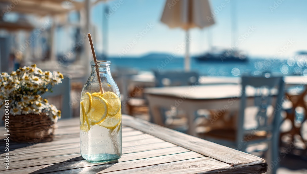 Obraz premium Refreshing lemon water on a seaside patio