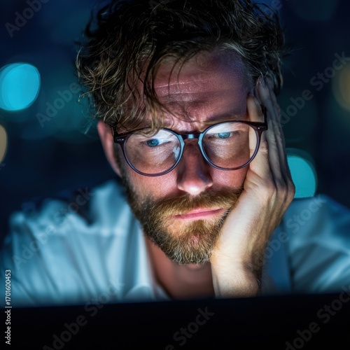 Tired Man Working Late on Laptop at Night