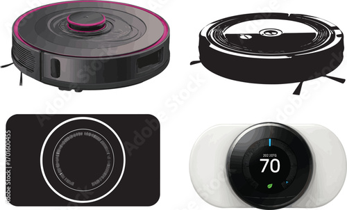 Isolated black DJ equipment with turntable, vinyl record, and digital audio devices on white background