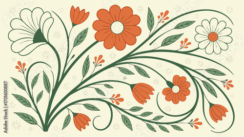 Stylized floral pattern with orange and white flowers and green leaves on a cream background, elegant botanical illustration
