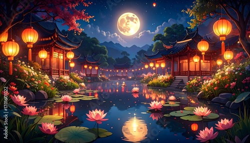 Asian Garden with Moonlit Pond