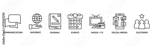 Public Relation icon set illustration illustration concept with icon of communication, internet, journal, events, radio and tv, social media, customer 