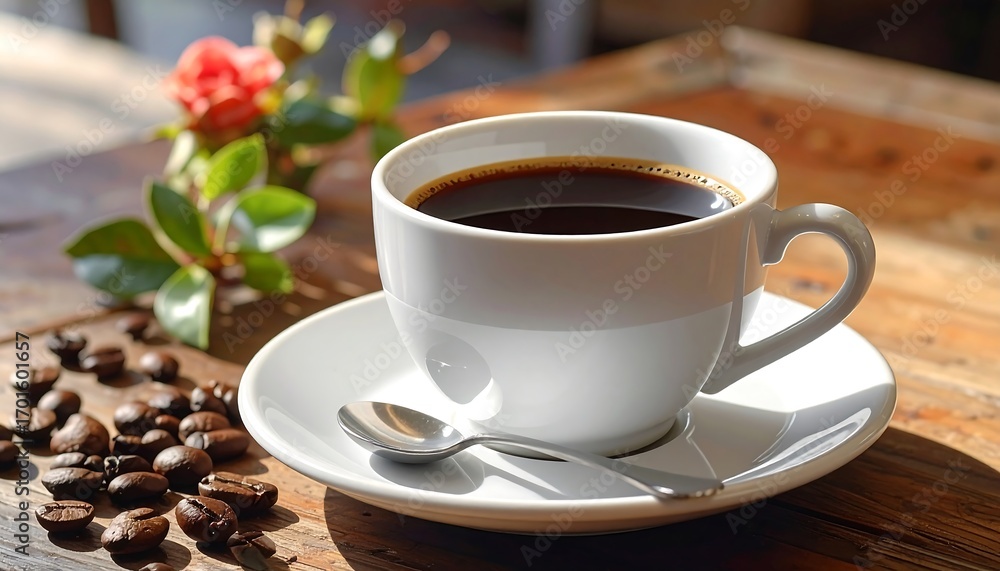 Obraz premium A close-up view of a steaming cup of black coffee, set on a wooden table, surrounded by coffee beans and a delicate rose.
