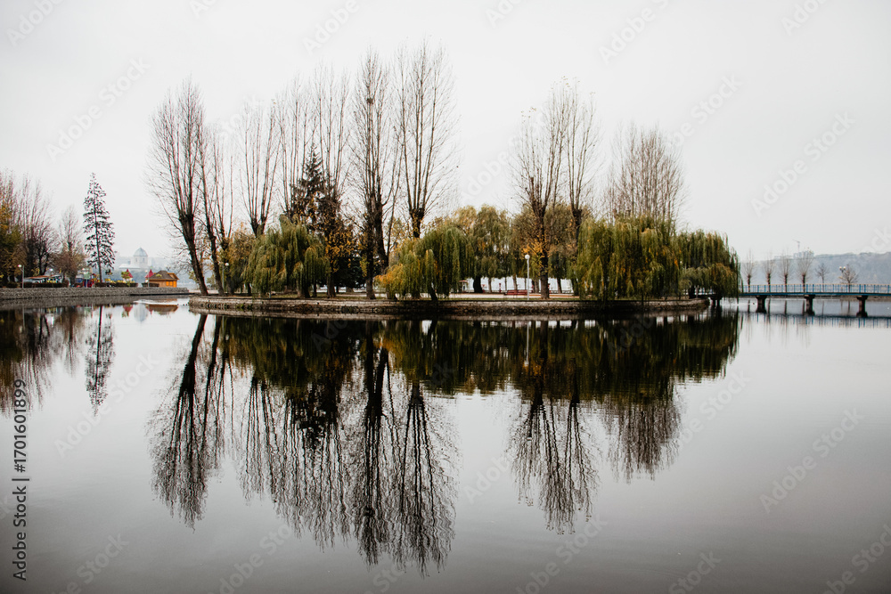 Fototapeta premium A small, serene island with bare trees and willows is perfectly reflected on the calm water of a lake, creating a peaceful and symmetrical natural landscape on a quiet autumn or winter day.