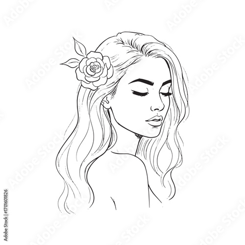 Elegant line art portrait of a woman with a flower in her hair. Hand-drawn fashion sketch, minimalist abstract beauty logo for salon or spa.
