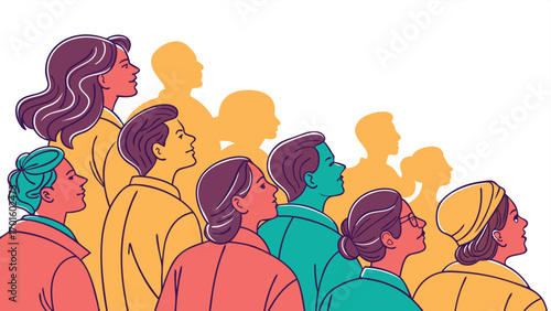 Diverse group of people gathered together, some with raised fists in a show of unity and activism, isolated on white background