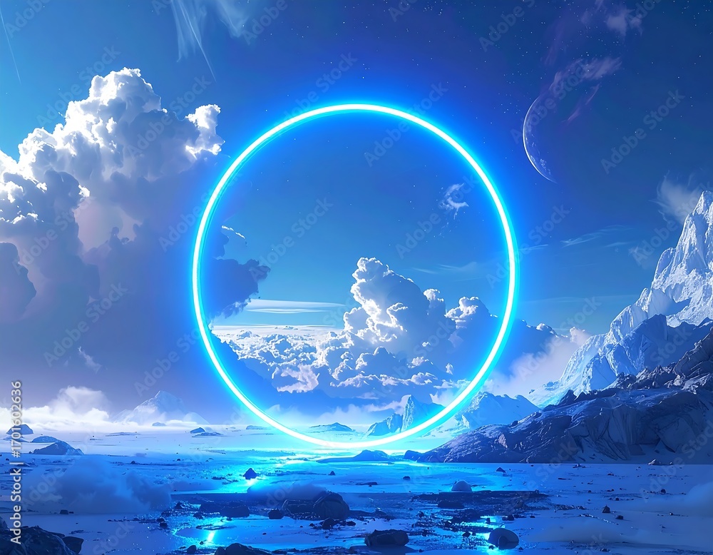 Obraz premium A breathtaking, luminous blue ring frames a serene landscape of icy mountains and a placid, cloud-filled sky.