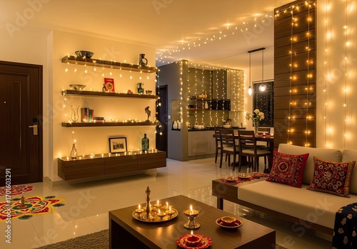 Photo of festive living room adorned with string lights and diyas for diwali celebration, creating a warm and inviting ambiance in a modern apartment setting