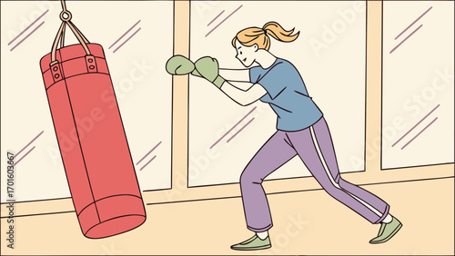 A woman intensely focused while training with a punching bag, showcasing her strength, determination, and commitment to fitness and an active lifestyle
