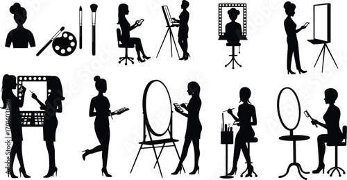Vector illustration of makeup artist applying cosmetics with brushes, mirrors, palettes, beauty salon tools, fashion stylist, professional makeover scene.