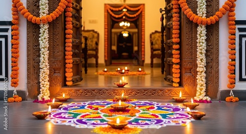 Photo of festive indian home entrance adorned with vibrant rangoli, marigold garlands, and glowing diyas, creating a warm and inviting atmosphere for celebration