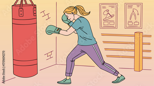 Woman practicing boxing punches on a heavy bag in a gym, engaged in a healthy workout routine