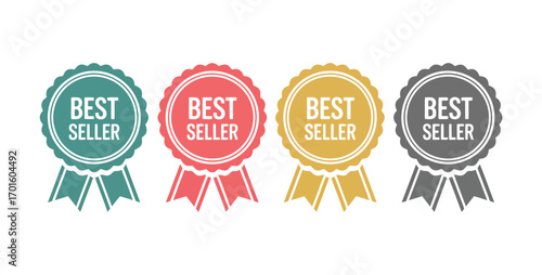 Collection – 4 Best Seller Vector Ribbons, Colorful Designs, Different Styles, Achievement Badges, Recognition Symbols, Graphic Elements for Print, Web, Marketing, and Branding Use