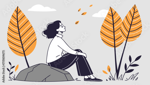 Woman sitting on a rock in an autumn park, looking up thoughtfully amidst falling leaves and trees