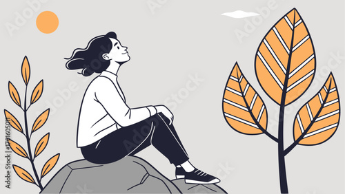 A woman sits peacefully on a rock outdoors, surrounded by autumn trees and leaves, enjoying a serene moment of contemplation