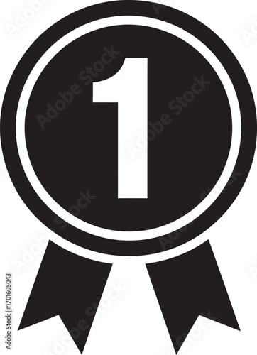 Simple black and white icon of a number one ribbon award