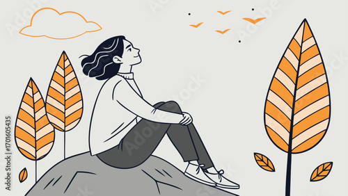 A woman sits on a rock outdoors, gazing at the sky with autumn trees and leaves, embodying a sense of calm and peaceful reflection