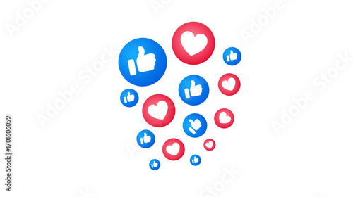 3D render of social engagement icons with blue thumb-up and red heart symbols floating in a dynamic stream, representing online approval and appreciation