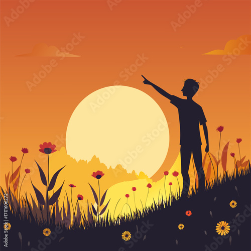 Silhouette of Person Pointing at Sunset on Hill