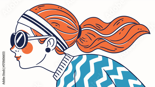 Trendy woman with orange hair and retro sunglasses, wearing a blue zigzag sweater, isolated on white background