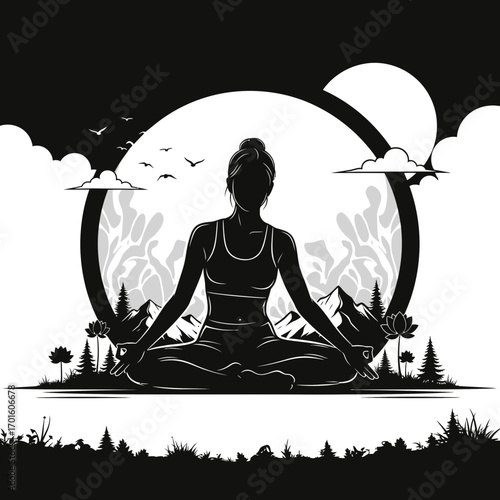 Meditative yoga silhouette with mountain landscape, promoting mindfulness and wellness in serene nature scene