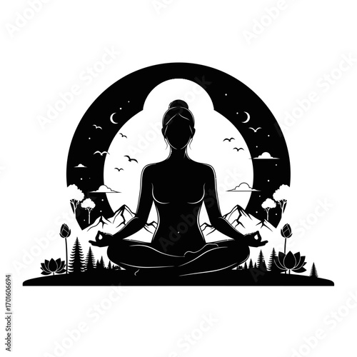 Find inner peace with a stunning yoga pose silhouette against a serene mountain backdrop for wellness campaigns