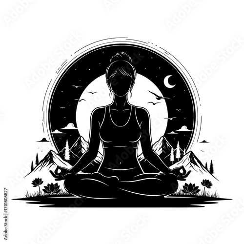 Find inner peace with a silhouette of a woman meditating under the moonlight in a serene mountain landscape