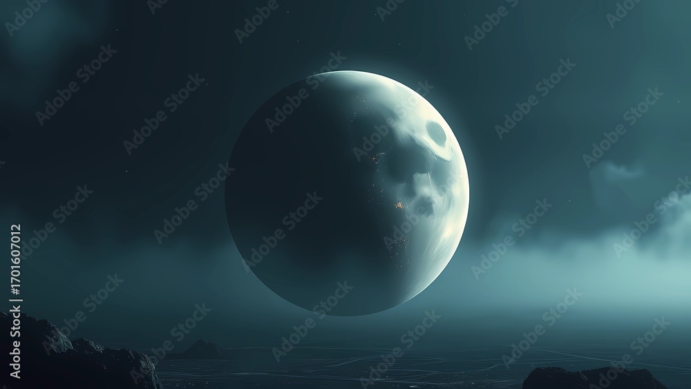 Fototapeta premium A serene digital painting captures a luminous moon suspended above a tranquil sea, shrouded in mist, creating a peaceful and ethereal atmosphere