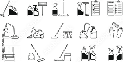 Vector illustration of cleaning tools and equipment including spray bottles, mop, vacuum, gloves, detergents, checklist, brushes, and sanitation supplies.