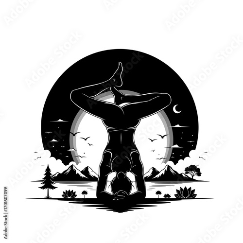 Meditative yoga headstand pose against stunning moonlit mountain landscape for wellness retreat promotion