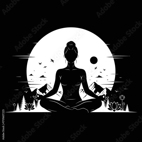 Woman silhouette in yoga lotus pose meditating against a serene mountain backdrop for mindfulness and wellness promotion