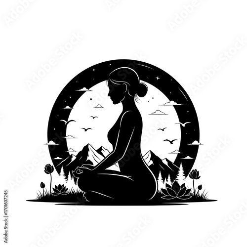 Find inner peace and balance with this mindful yoga illustration in nature's serene setting, inspiring wellness and tranquility