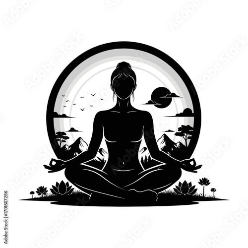 Find inner peace with this silhouette of a woman meditating amongst mountains and nature for wellness and mindfulness